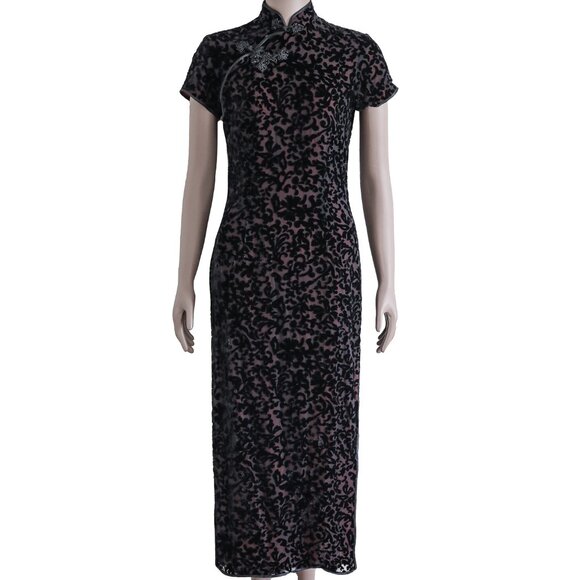 Vintage Silk Black Burgundy Velvet Floral Cheongsam Qipao Mock Neck Maxi Dress
